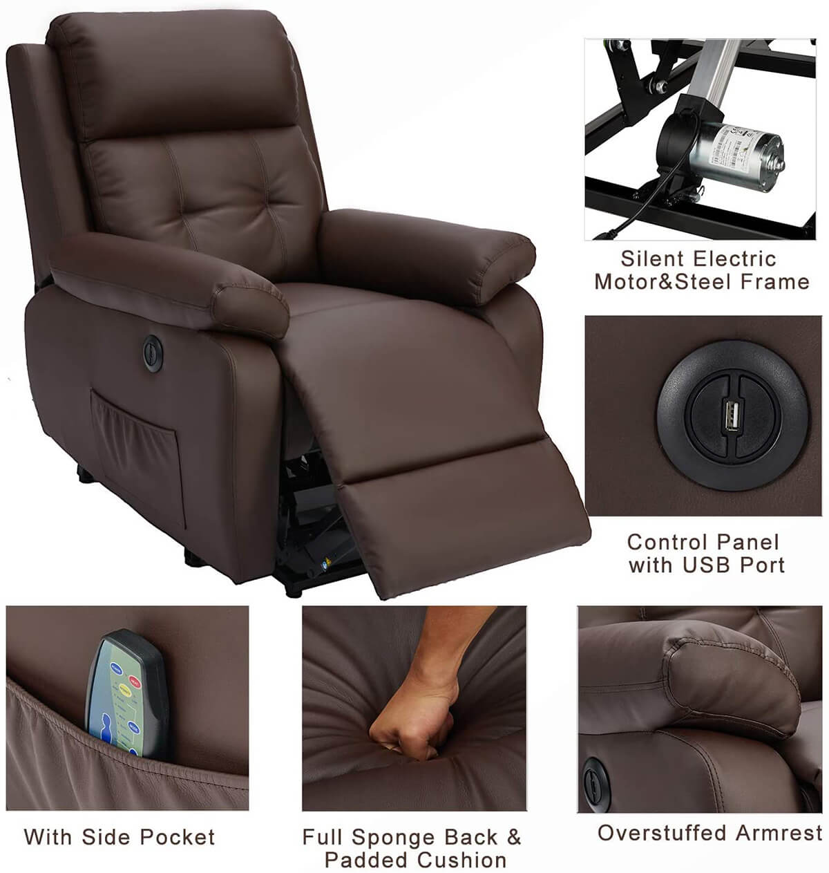 Homrest Electric Power Lift Recliner Chair Sofa for Elderly, Faux Leather Recliner Chair with Heated Vibration Massage, Heavy Duty & Safety Motion Reclining Mechanism, Brown