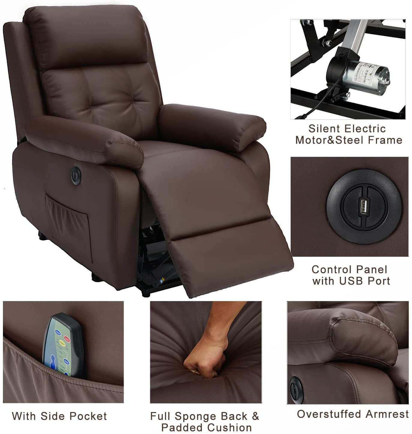 Homrest Electric Power Lift Recliner Chair Sofa for Elderly, Faux Leather Recliner Chair with Heated Vibration Massage, Side Pocket&USB Port(Brown)