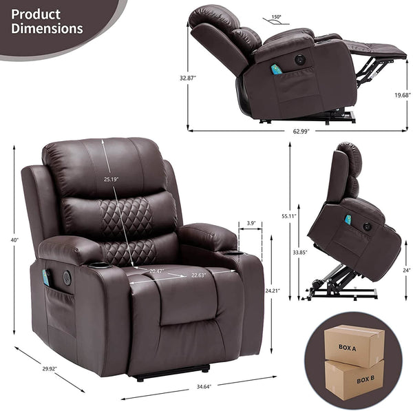 Power Lift Chair Recliner for Elderly with Heat & Vibration Massage with Pockets, Cup Holders & USB Port (Brown)