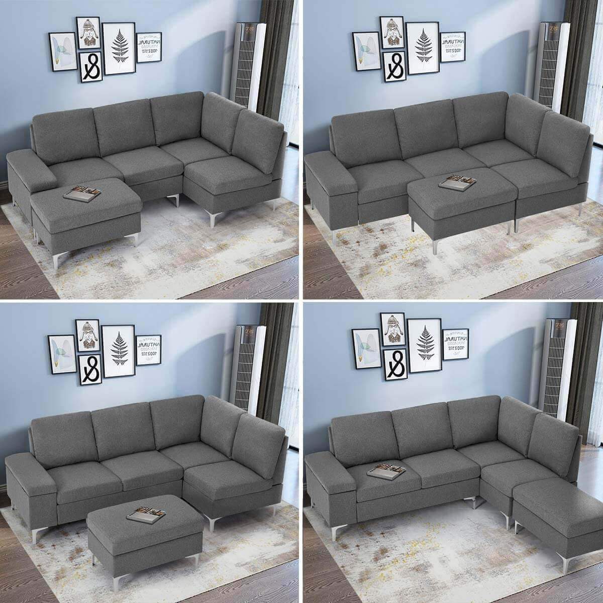  Homrest Convertible Sectional Sofa Couch with Ottoman, Sofa Armrest with Storage Function, L-Shaped Sofa with Gray Linen Fabric, for Living Room or Apartment (Right)