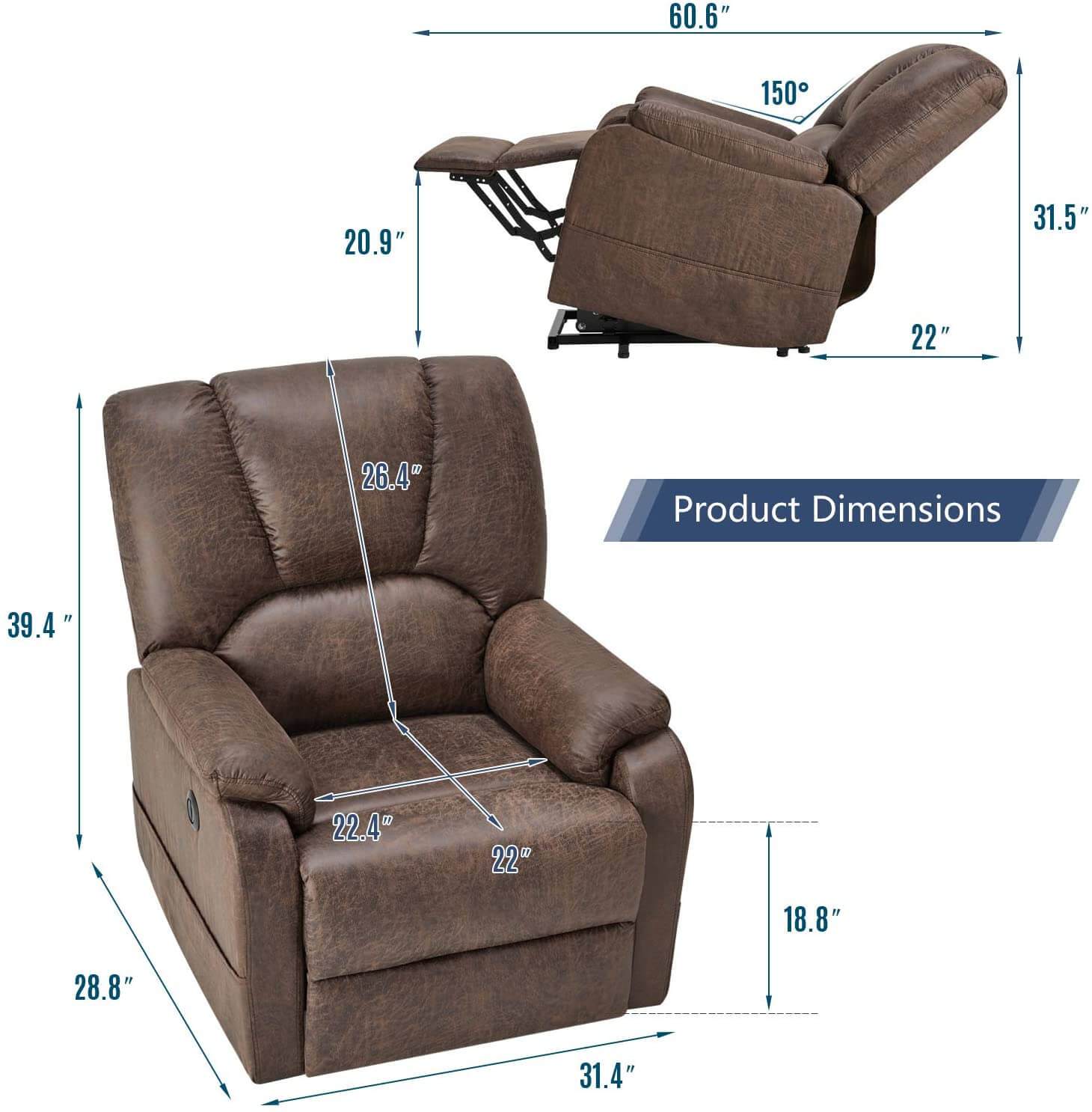 Homrest Electric Power Lift Recliner Chair Sofa with Massage and Heat for Elderly, Faux Leather Recliner Chair with Side Pockets & USB Port, Nut Brown