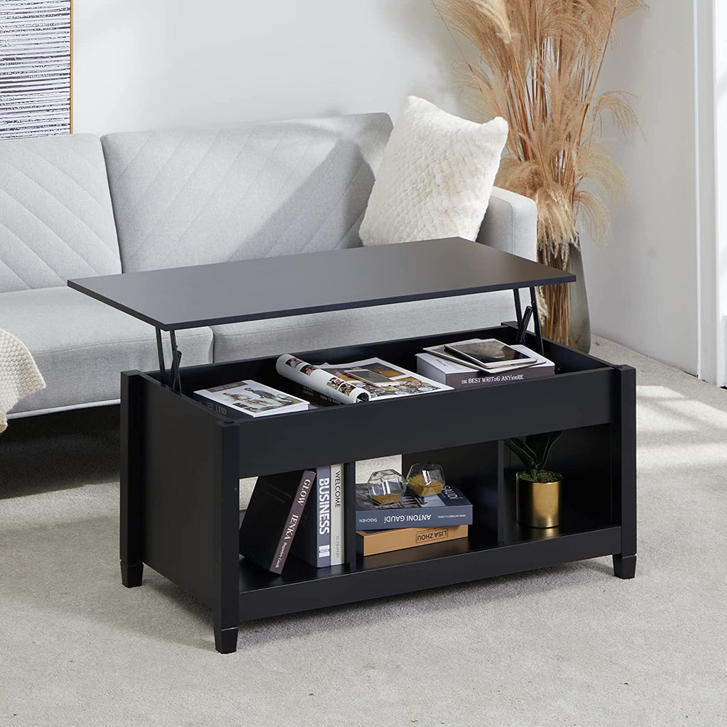 Homrest Lift Top Coffee Table, 41" X 19.5" Rising Dining Table w/4” Depth Hidden Storage Compartment (Black)