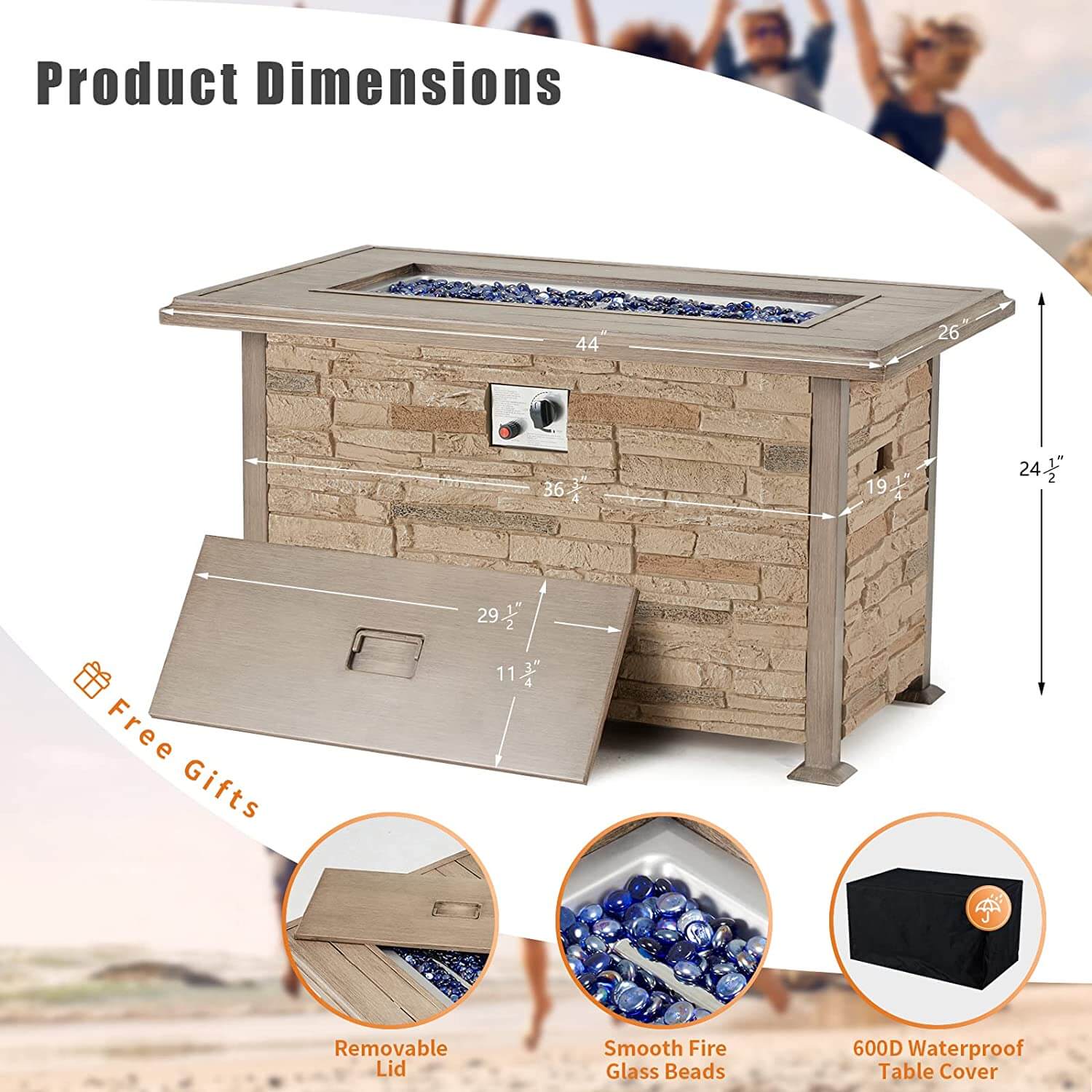 44'' Propane Gas Fire Pit Table 50000 BTU Auto-Ignition w/ Wind guard, Aluminum Tabletop,Waterproof Cover, Glass Beads, Brown Faux Stone Surface