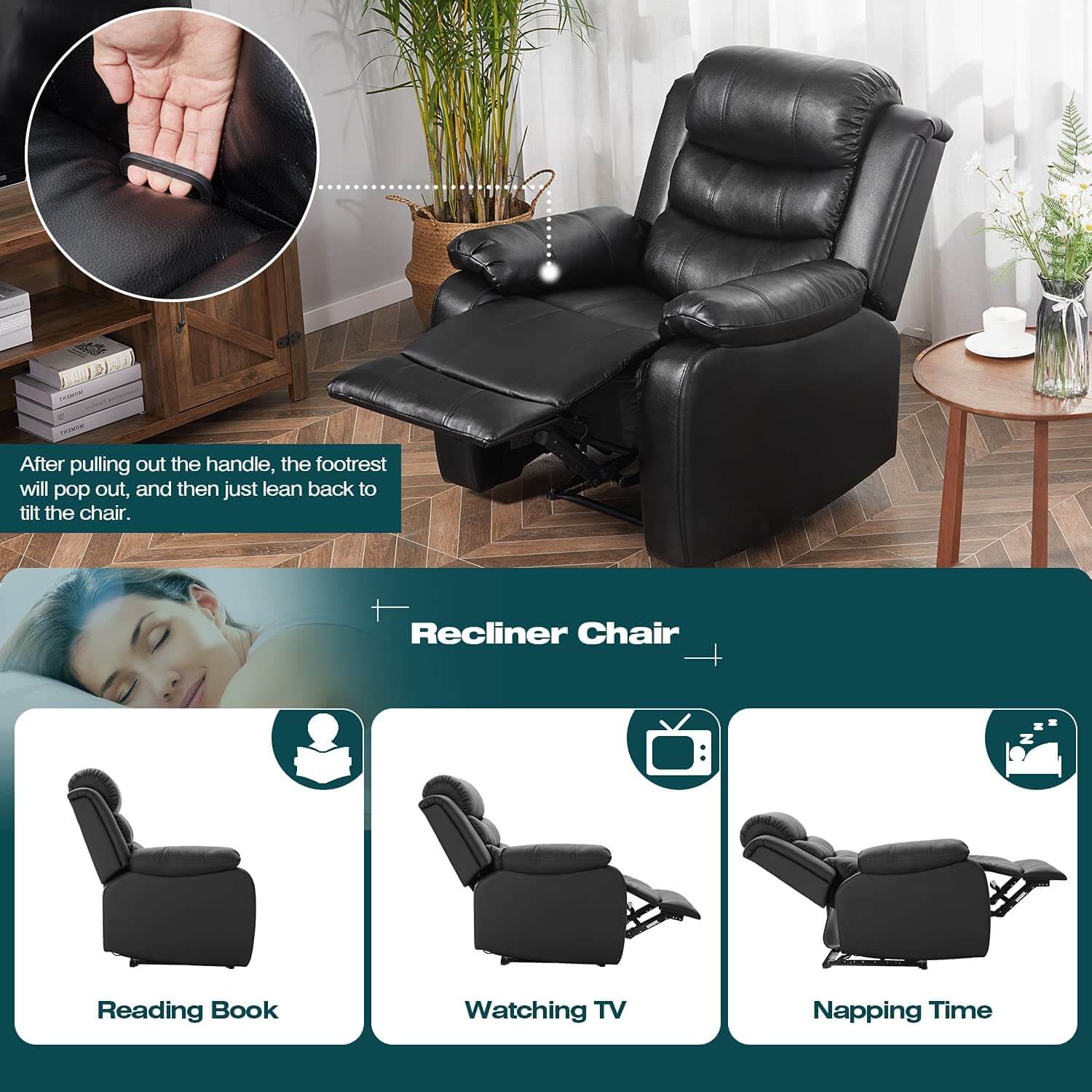 Homrest breath leather recliner chair for living room, black