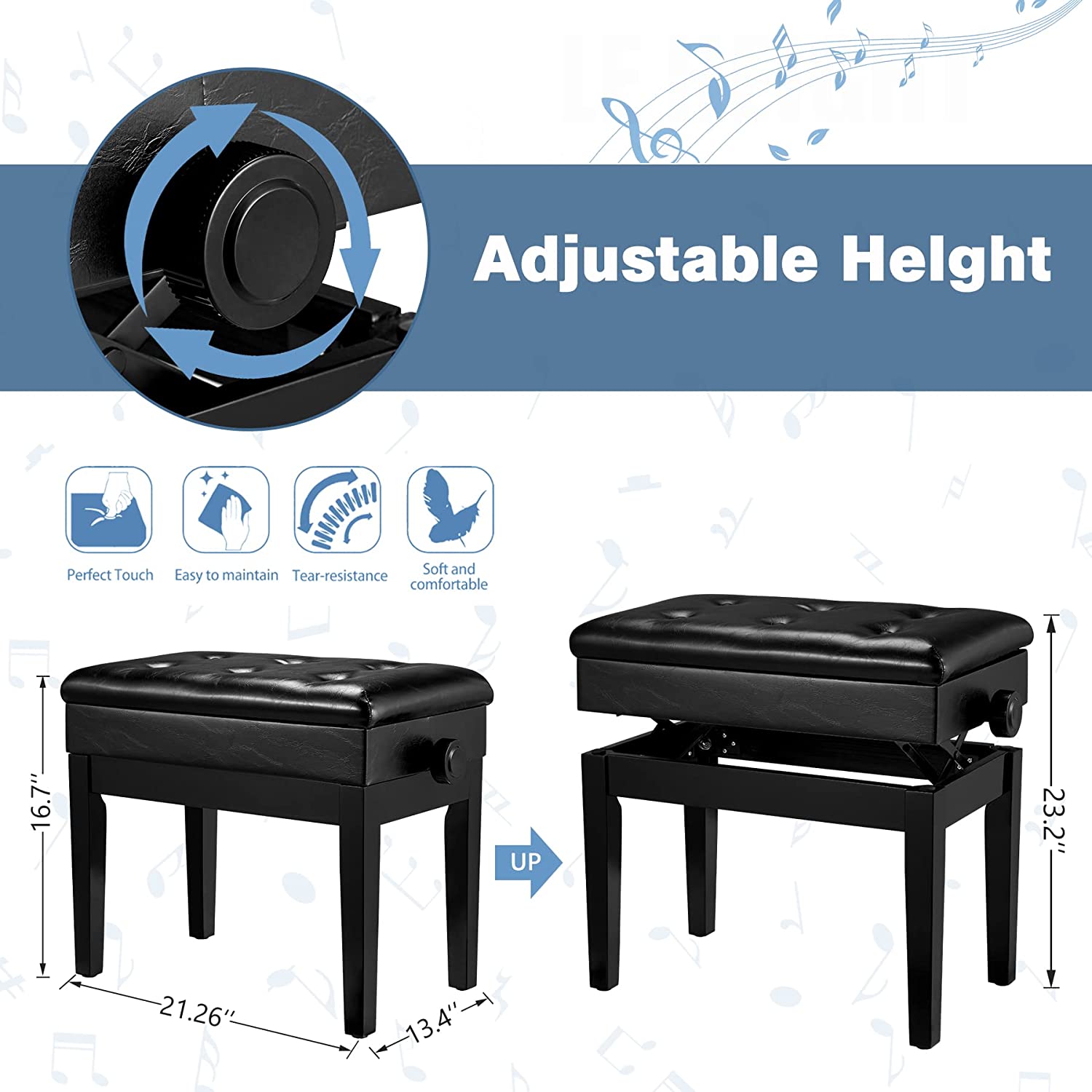  Homrest piano stool solid wood keyboard bench with PE leather, black