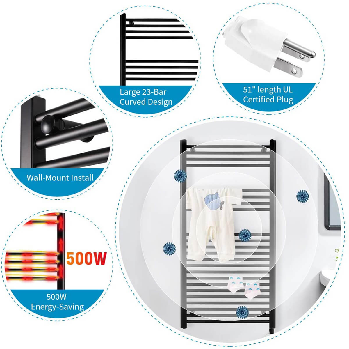 Towel Warmer Rack, Steel Heated Drying Rack Plug-in Wall Mounted Towel Warmer Rack for Bathroom (Black, 23 Bar)