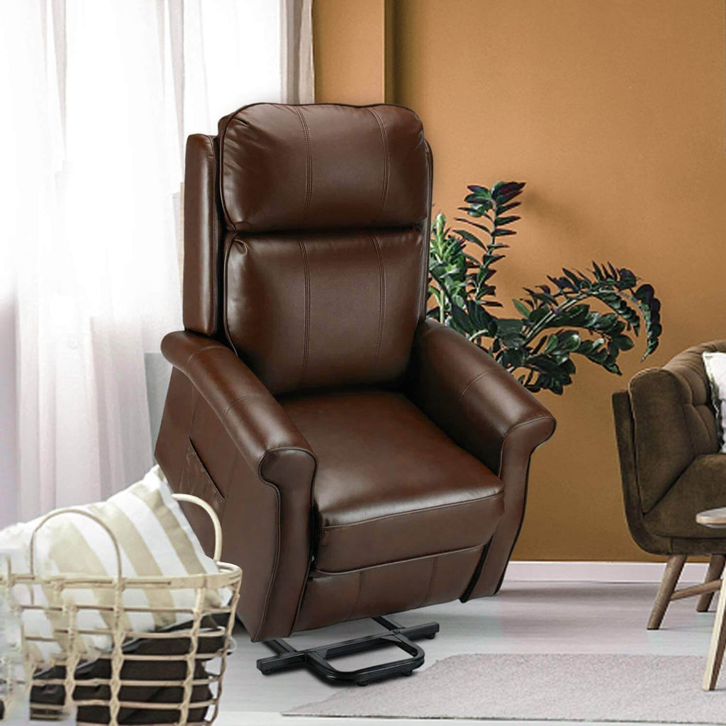 Homrest Electric Power Lift Recliner Chair, Faux Leather Electric Recliner for Elderly with Heated Vibration Massage, Side Pocket & Remote Control, Brown