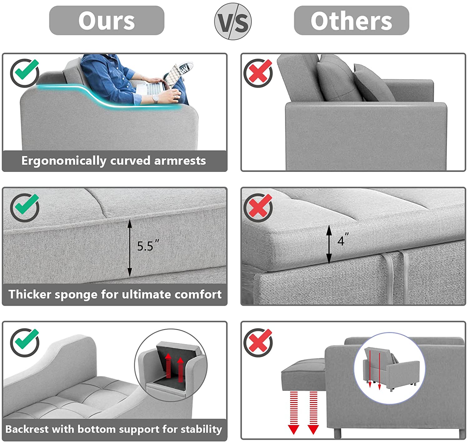 Homrest Upgrade Sofa Bed 3-in-1 Convertible Chair Multi-Functional Sofa Bed Adjustable Recliner for Living Room (Light Grey)