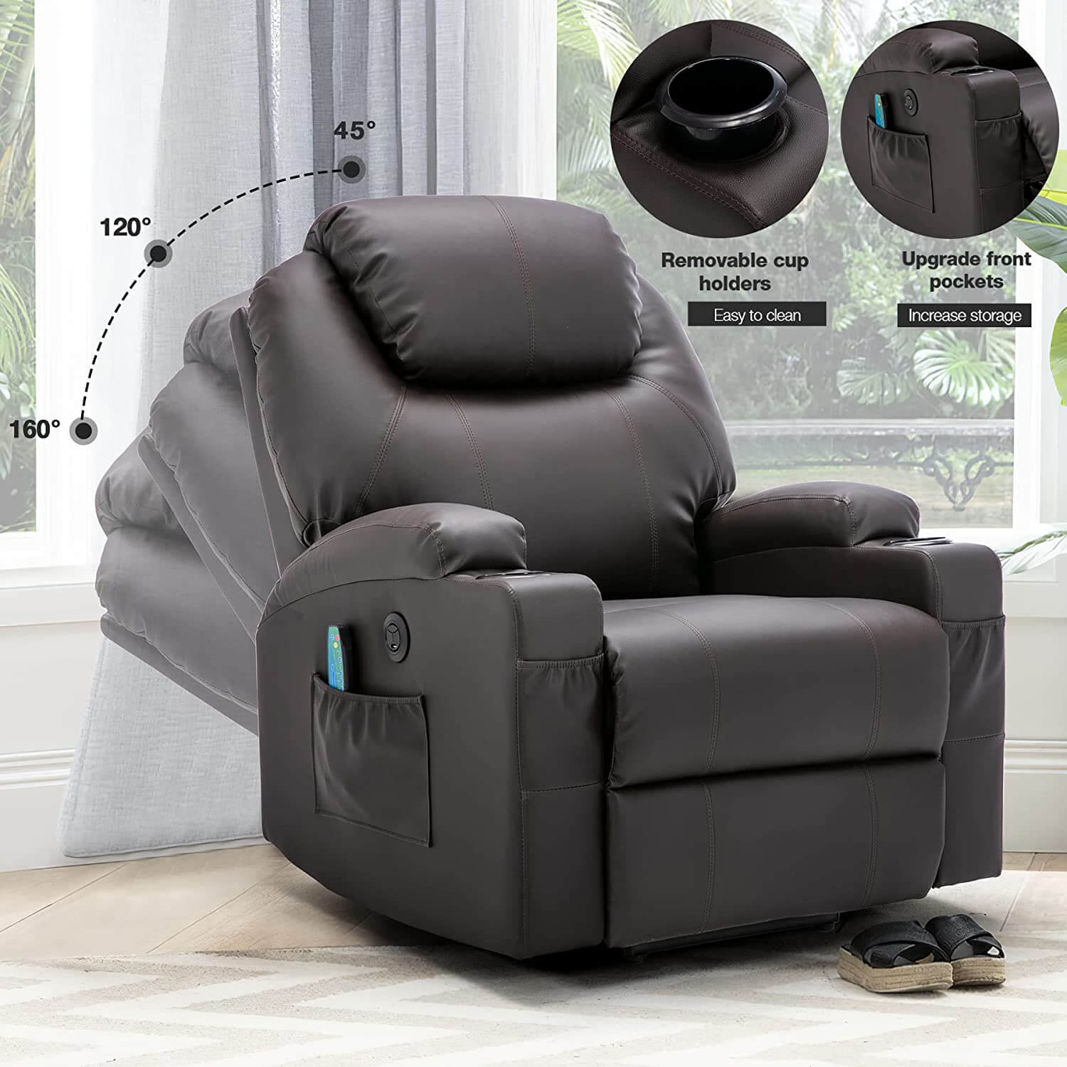 Homrest Power Lift Recliner Chair with Massage & Heat for Elderly, Leather Electric Recliner with 4 Side Pockets, Cup Holders & USB Port (Brown)