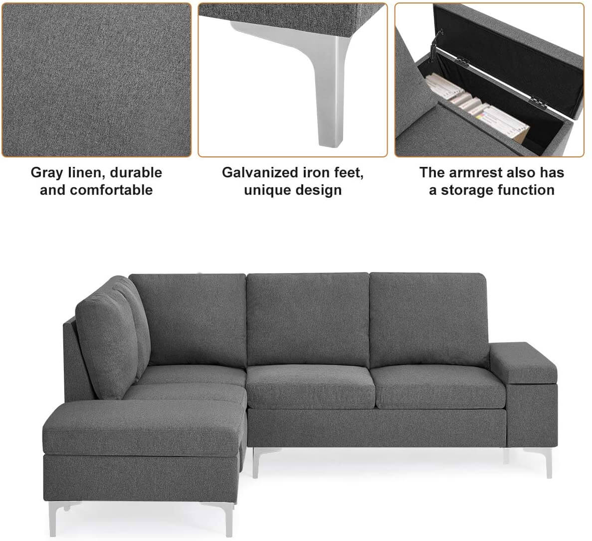 Homrest Convertible Sectional Sofa Couch with Ottoman, Sofa Armrest with Storage Function, L-Shaped Sofa with Gray Linen Fabric, for Living Room or Apartment (Left)