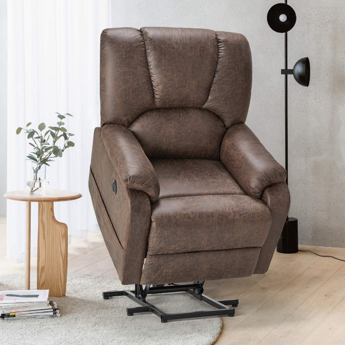 Homrest Electric Power Lift Recliner Chair Sofa with Massage and Heat for Elderly, Faux Leather Recliner Chair with Side Pockets & USB Port, Nut Brown
