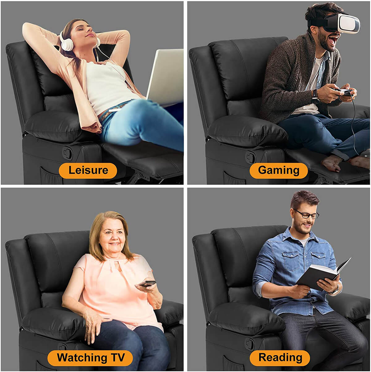 Recliner Chair with Massage Heated Function, Modern PU Leather Lounge Chair with Side Pocket, Single Sofa Seat Living Room Chair, Black