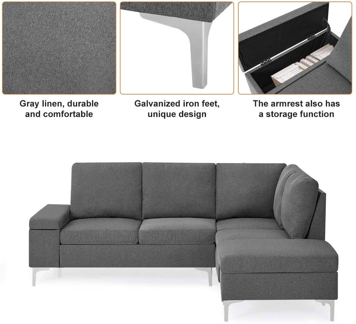  Homrest Convertible Sectional Sofa Couch with Ottoman, Sofa Armrest with Storage Function, L-Shaped Sofa with Gray Linen Fabric, for Living Room or Apartment (Right)