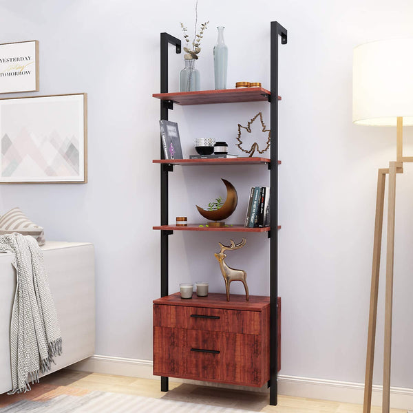 Homrest Wall Mounted Industrial 3-Tier Bookshelf with 2 Wood Drawers & Matte Steel Frame Ladder Shelf Bookcase, Black
