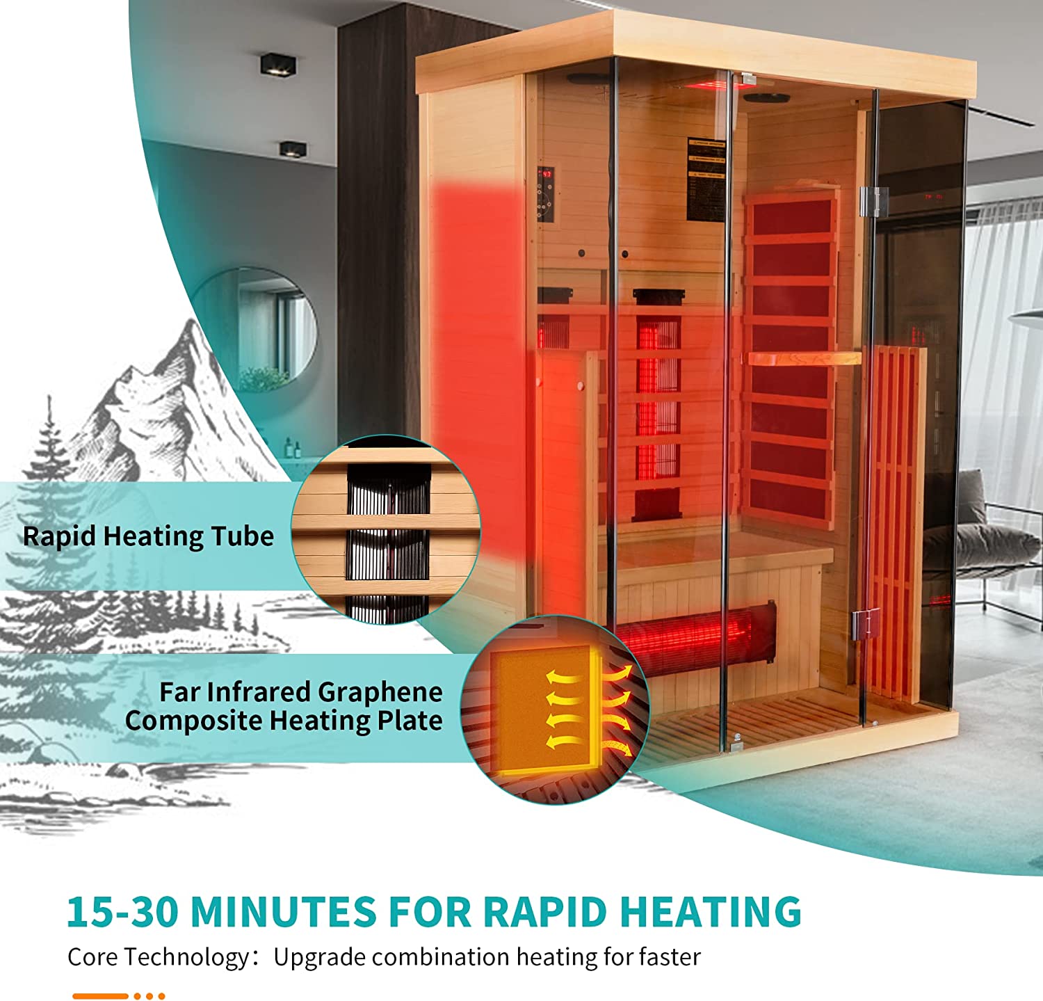Homrest 1-2 Person Infrared Sauna 15 Minutes Pre-Warm up Far for Home with 7 Colors Chromo Therapy Lighting and Full View Tempered Glass(Canda Hemlock Wooden)