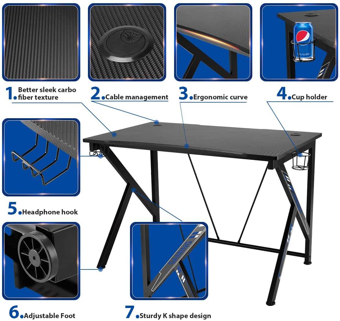 Homrest 42.5" Gaming Desk K-Shape Gaming Table Home Computer Desk with Cup Holder and Headphone Hook Gamer Workstation Game Table