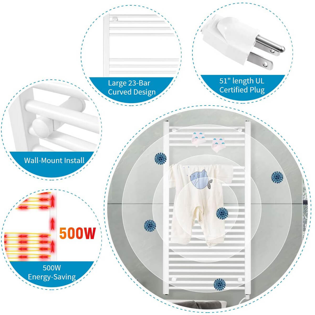 Towel Warmer Rack, Steel Heated Drying Rack Plug-in Wall Mounted Towel Warmer Rack for Bathroom (White, 23 Bar)