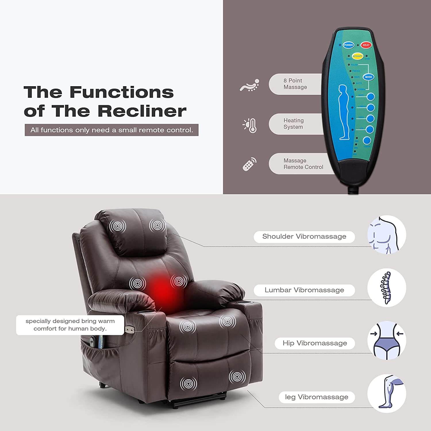 Homrest Electric Power Recliner Lift Chair Faux Leather Electric Recliner for Elderly, Heated Vibration Massage Sofa with Side Pockets, USB Charge Port & Remote Control(Brown)