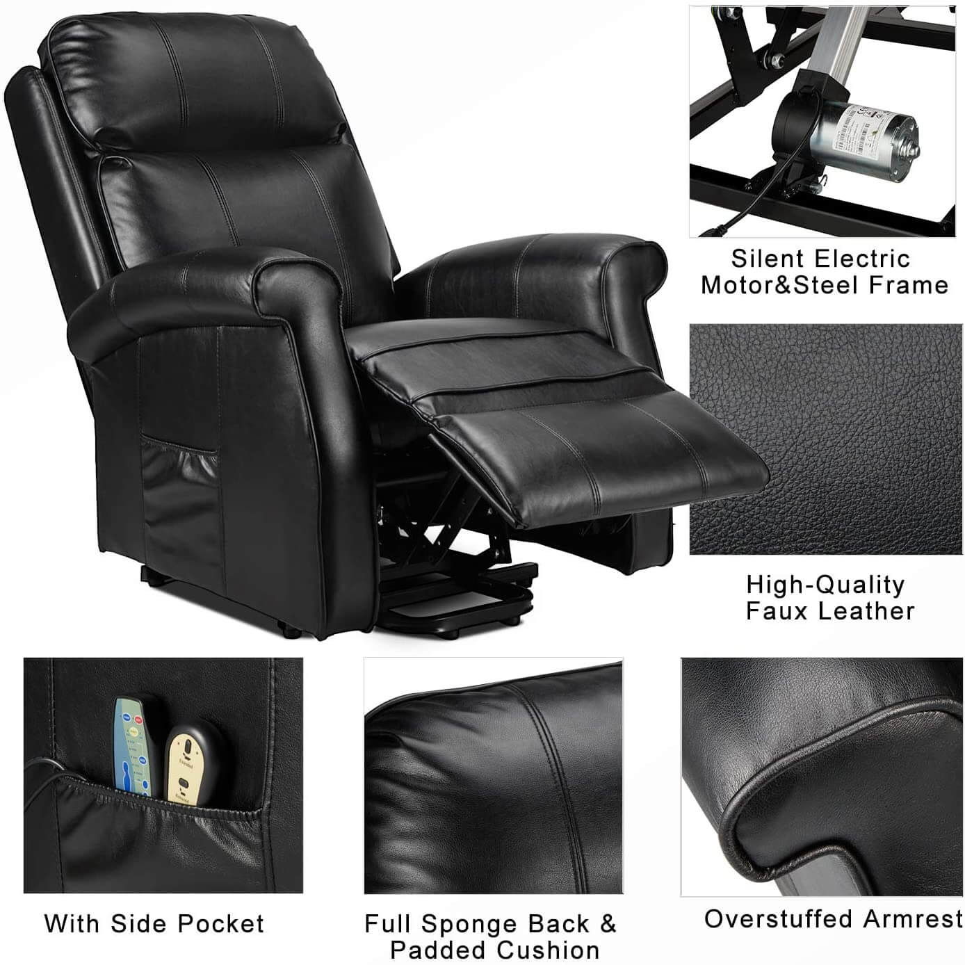 Homrest Electric Power Lift Recliner Chair, Faux Leather Electric Recliner for Elderly with Heated Vibration Massage(Black)