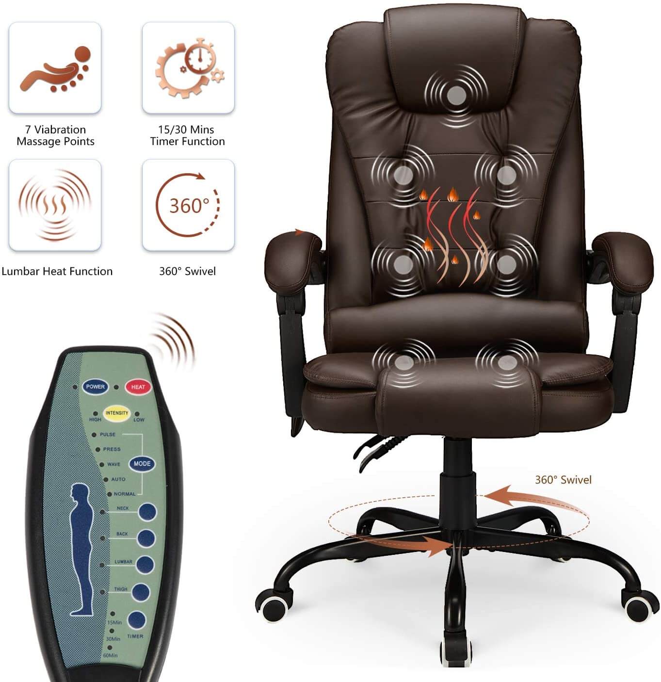 Homrest Ergonomic Office Chair, High-Back Computer Desk Chair with Heated Massage & Lumbar Support, Brown (Without Footrest)