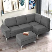 Homrest Convertible Sectional Sofa Couch with Ottoman, Sofa Armrest with Storage Function, L-Shaped Sofa with Gray Linen Fabric, for Living Room or Apartment (Right)