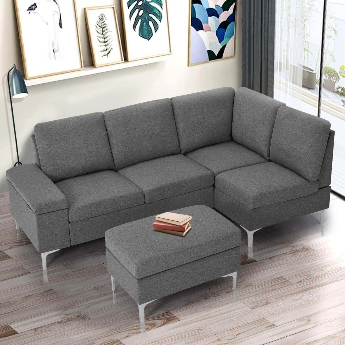Homrest Convertible Sectional Sofa Couch with Ottoman, Sofa Armrest with Storage Function, L-Shaped Sofa with Gray Linen Fabric, for Living Room or Apartment (Right)