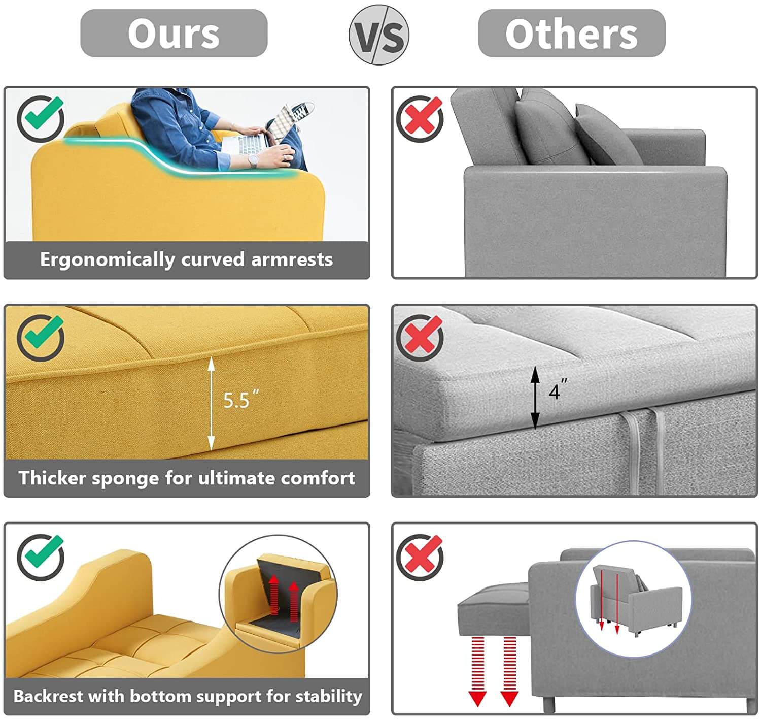 Homrest Upgrade Sofa Bed 3-in-1 Convertible Chair Multi-Functional Sofa Bed Adjustable Recliner for Living Room (Yellow)