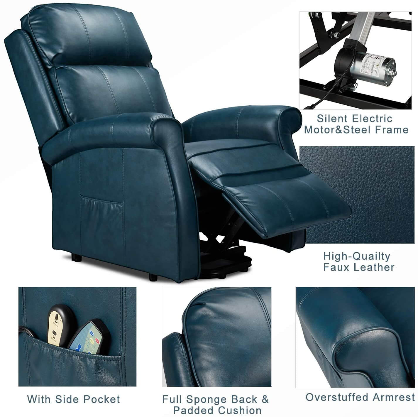 Homrest Electric Power Lift Recliner Chair, Faux Leather Electric Recliner for Elderly with Heated Vibration Massage, Side Pocket & Remote Control, Blue
