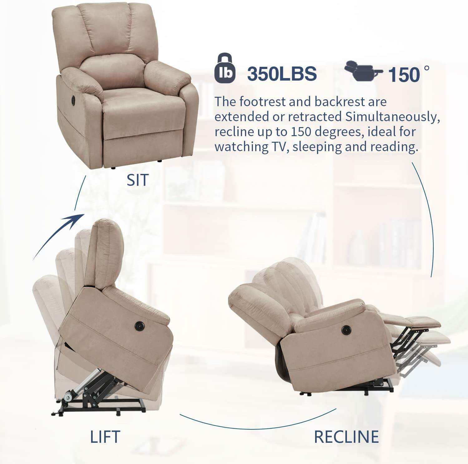 Homrest Electric Power Lift Recliner Chair Sofa with Massage and Heat for Elderly, Microfiber Recliner Chair with Side Pockets & USB Port, Beige
