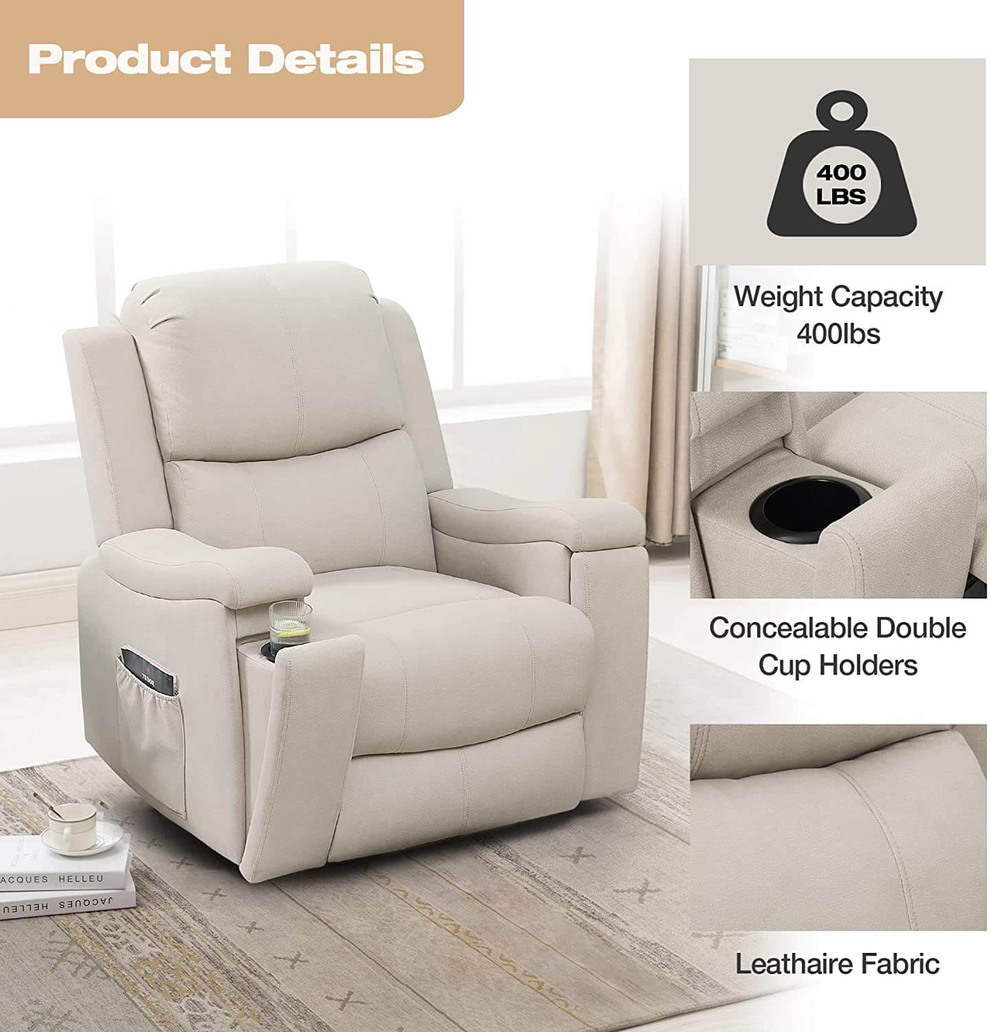 Homrest massage recliner chair for living room, creamy white