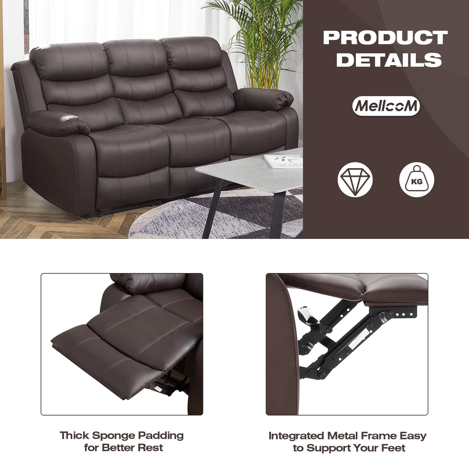 Homrest 3-Seater Recliner Chair Set Home Theater Seating Reclining Sofa Couch for Living Room, Brown