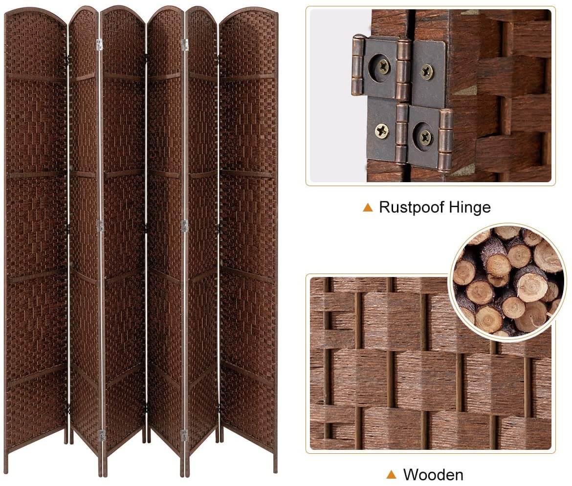Homrest Room Divider,6 FT Tall Weave Fiber Room Divider,Double Hinged, 6 Panel Room Divider & Folding Privacy Screens, Freestanding Brown Room Dividers