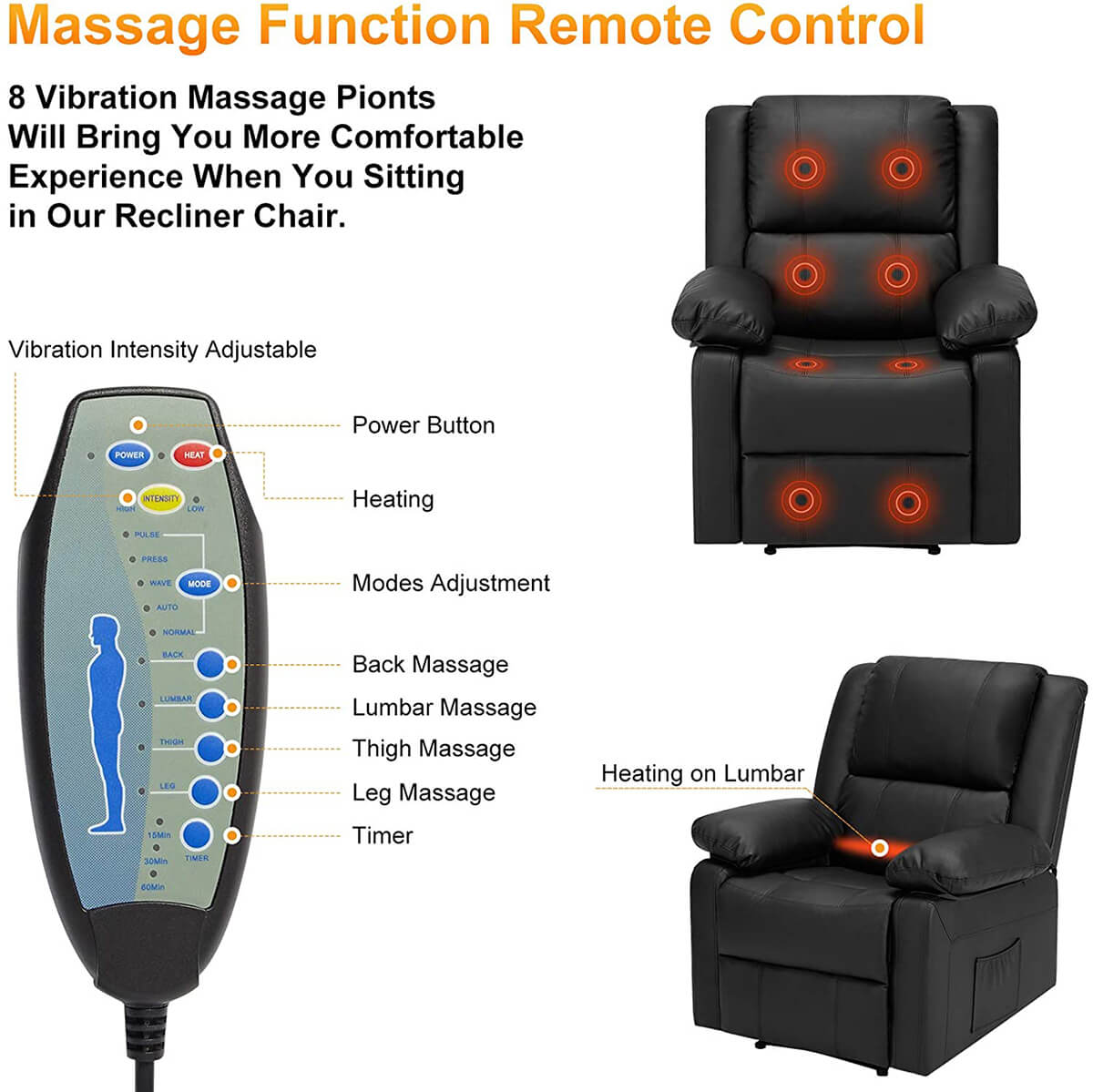 Recliner Chair with Massage Heated Function, Modern PU Leather Lounge Chair with Side Pocket, Single Sofa Seat Living Room Chair, Black