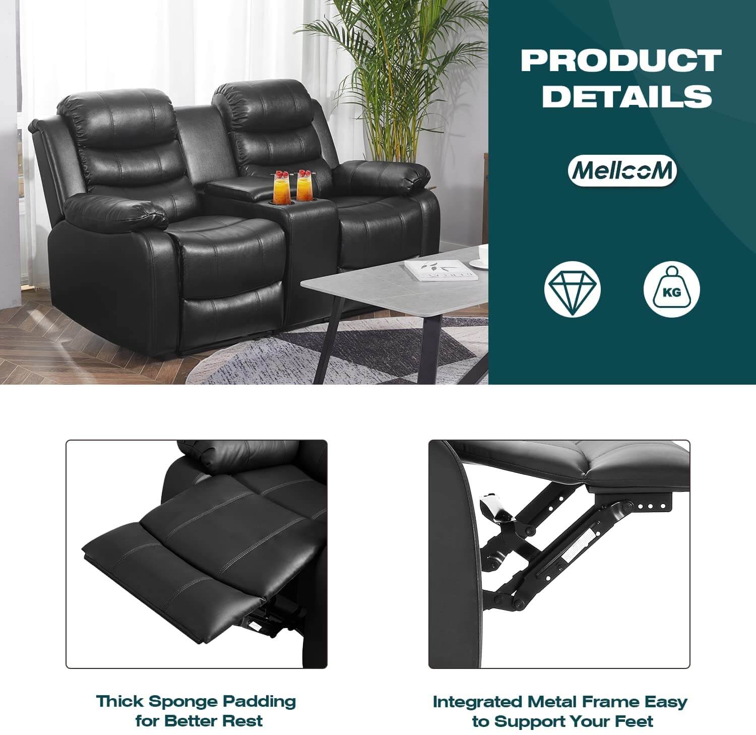Homrest Reclining Double Loveseat with Storage Console for Living Room, Black
