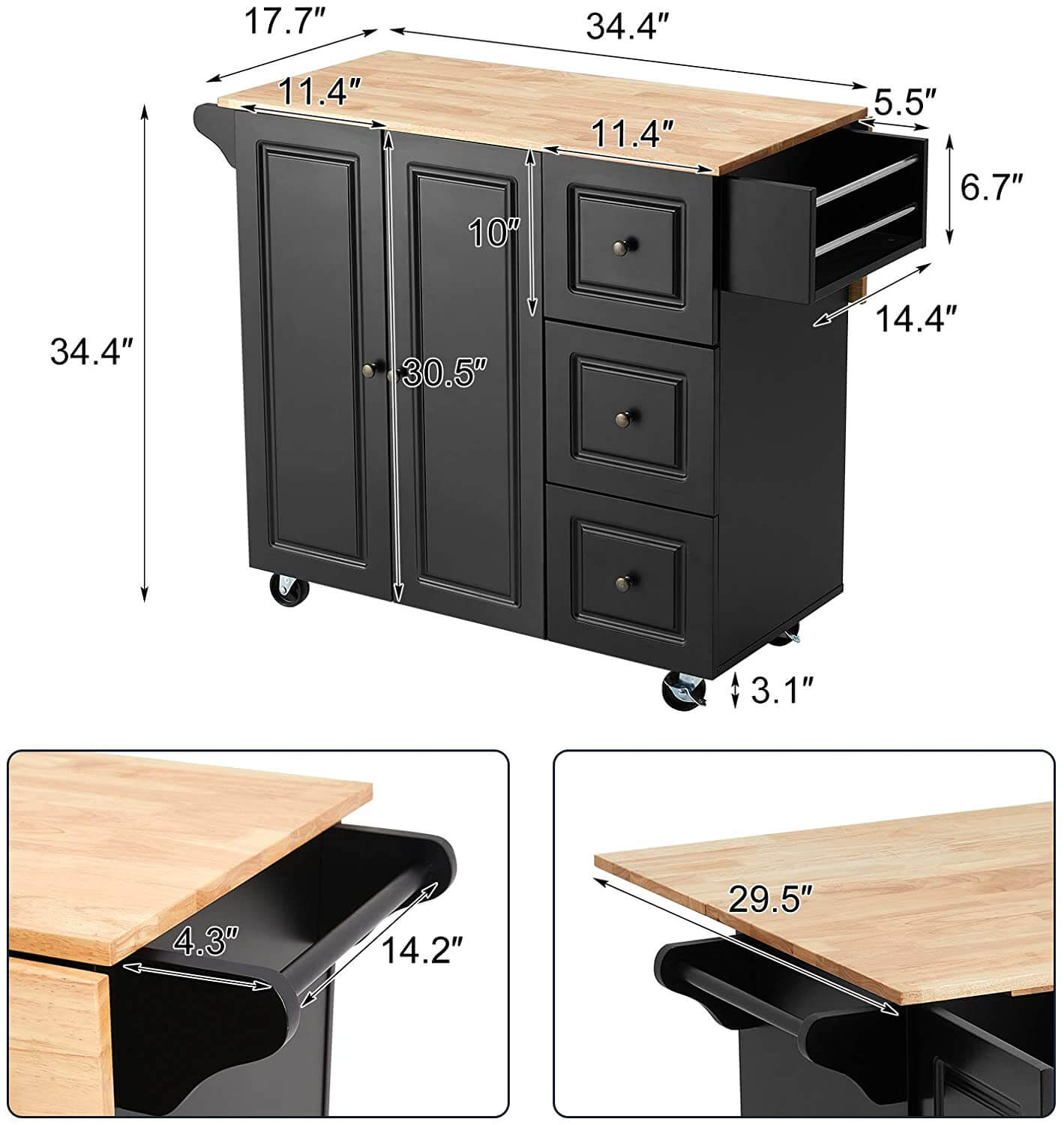 Rolling Kitchen Island Cart,Kitchen Trolley with Drop-Leaf Rubber Wood Tabletop,Lockable Wheels,Drawers & Cabinets,Towel Rack,Spice Rack,Black