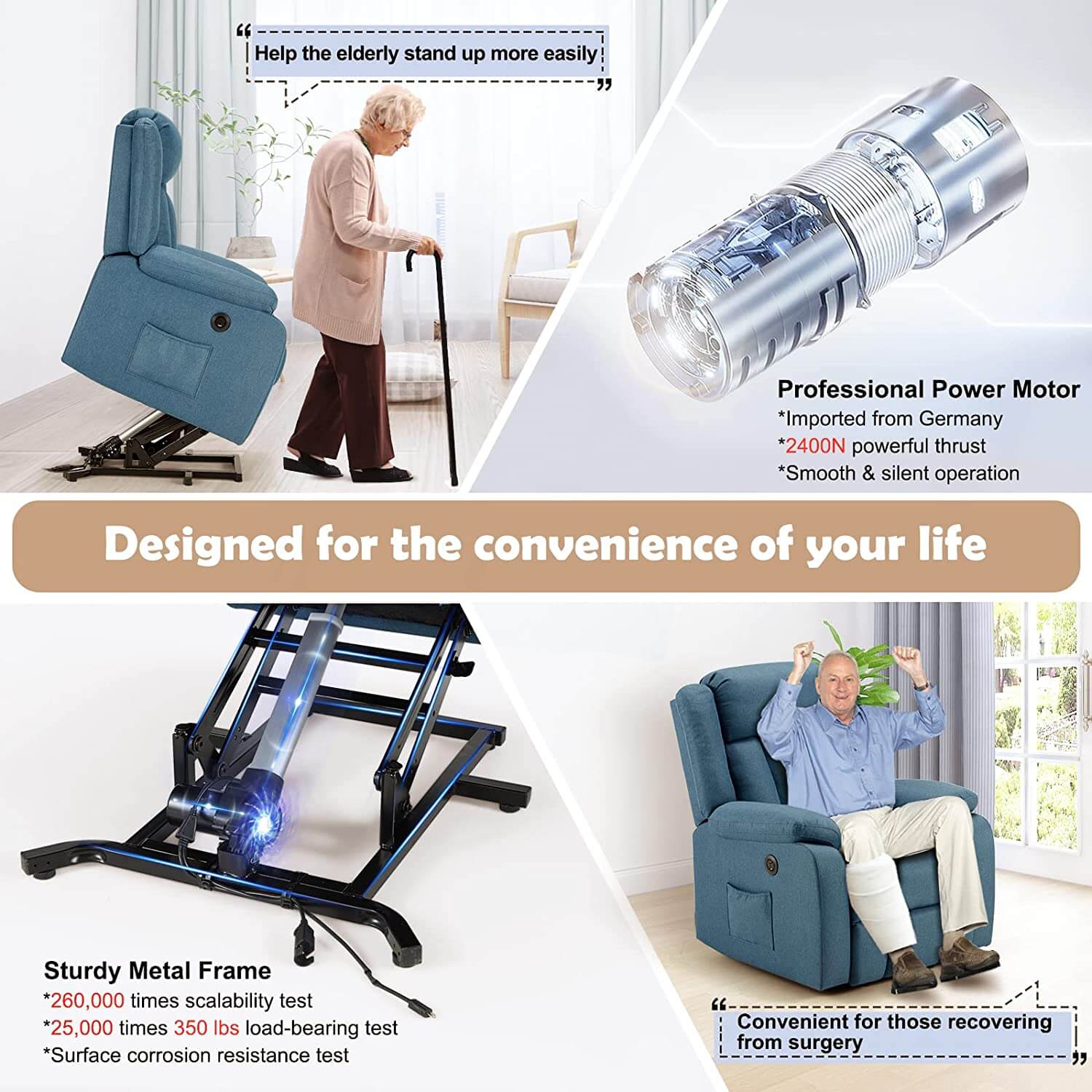 Homrest power lift recliner chair with massage and heat, linen fabric electric recliner lift chair with 2 side pockets and USB port, reacock blue