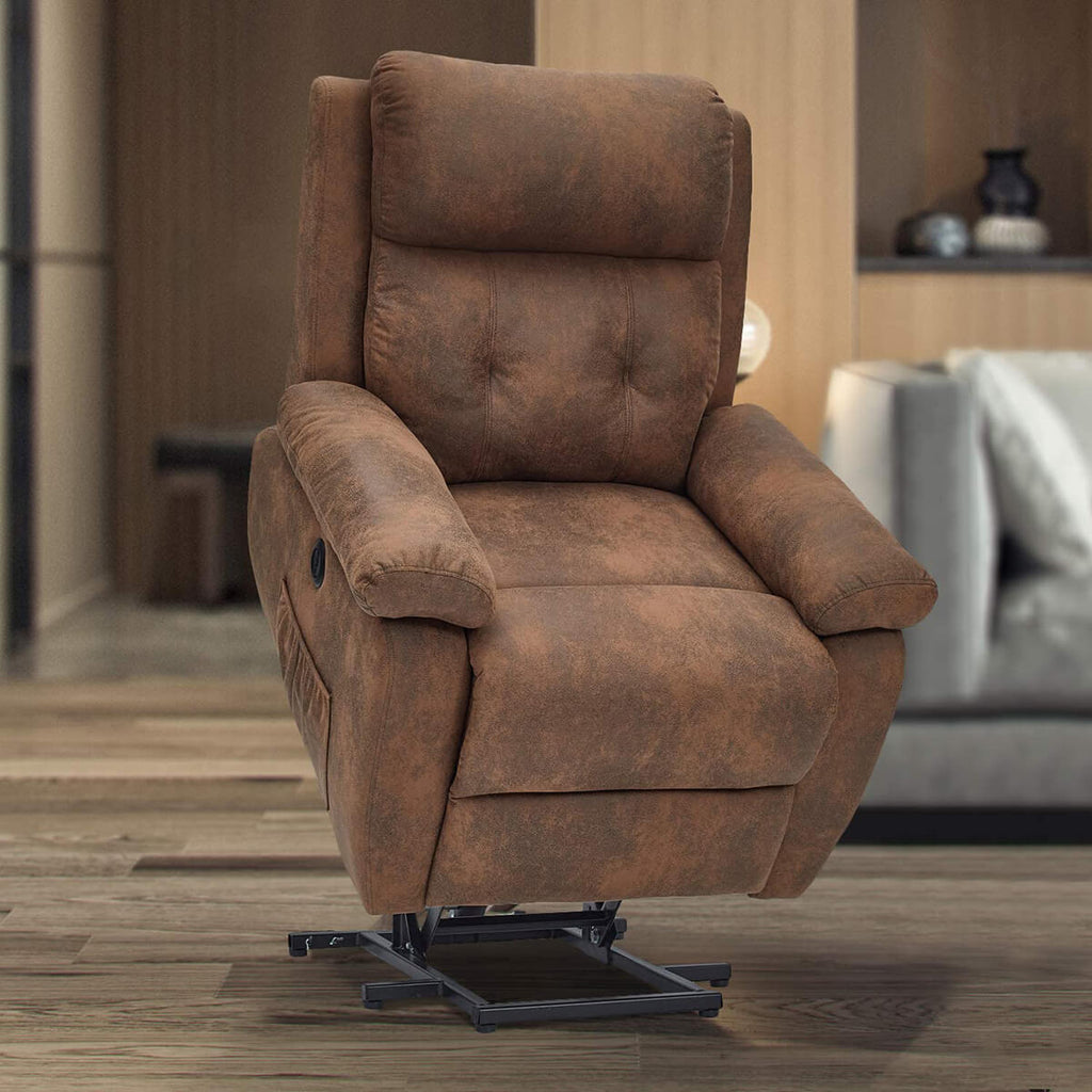 Homrest Electric Power Lift Recliner Chair Sofa for Elderly, Faux Leather Recliner Chair with Heated Vibration Massage, Heavy Duty & Safety Motion Reclining Mechanism, Saddle Brown