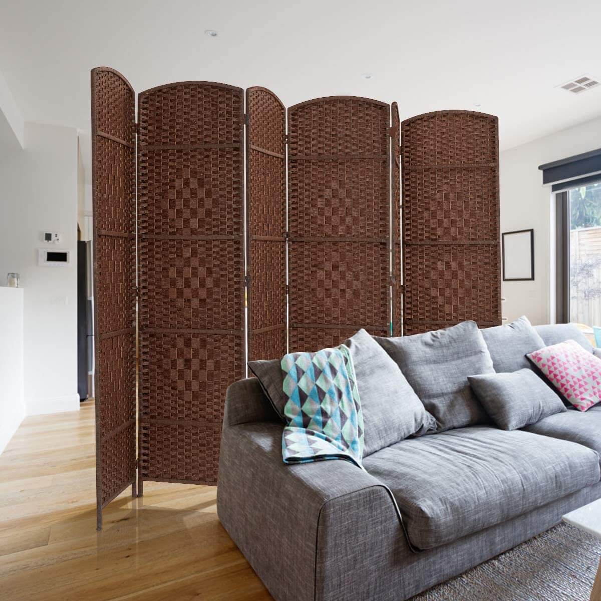 Homrest Room Divider,6 FT Tall Weave Fiber Room Divider,Double Hinged, 6 Panel Room Divider & Folding Privacy Screens, Freestanding Brown Room Dividers