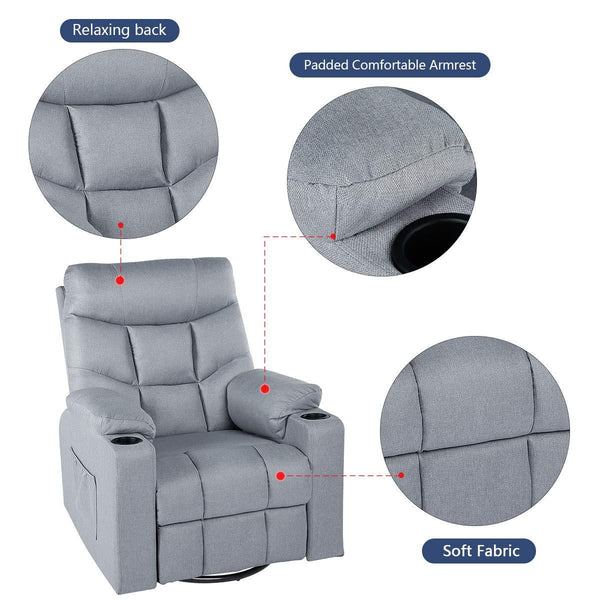 Homrest Grey Fabric Massage Recliner Chair 360 Degrees Swivel Heated Ergonomic Lounge Chair