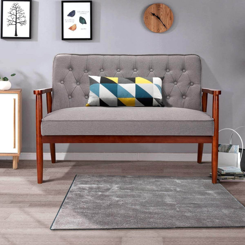 Mid-Century Retro Fabric Loveseat Chair Wooden Modern 2-Seater Living Room Armchair, Gray