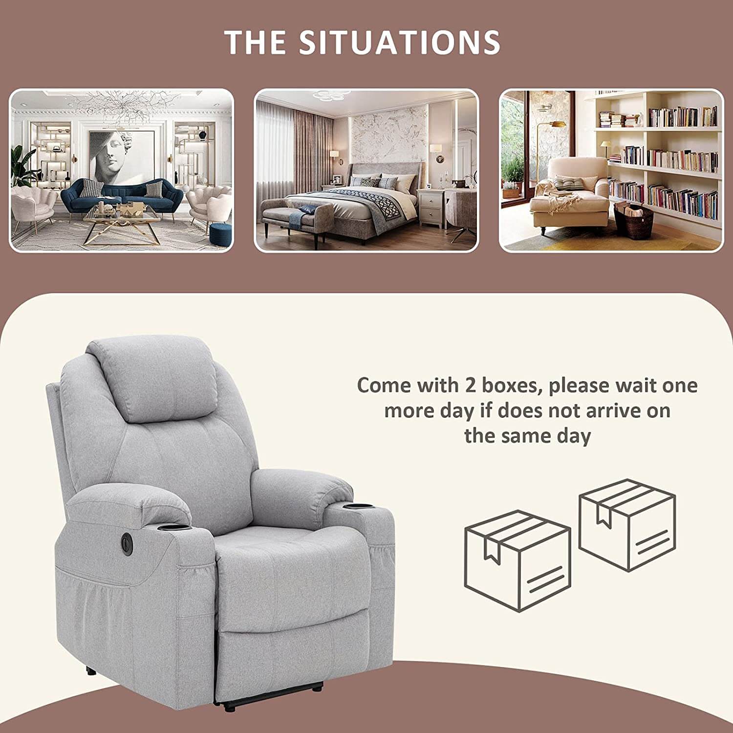 Homrest Electric Power Recliner Lift Chair Fabric Electric Recliner for Elderly, Heated Vibration Massage Sofa with Side Pockets, USB Charge Port & Remote Control(Gray)