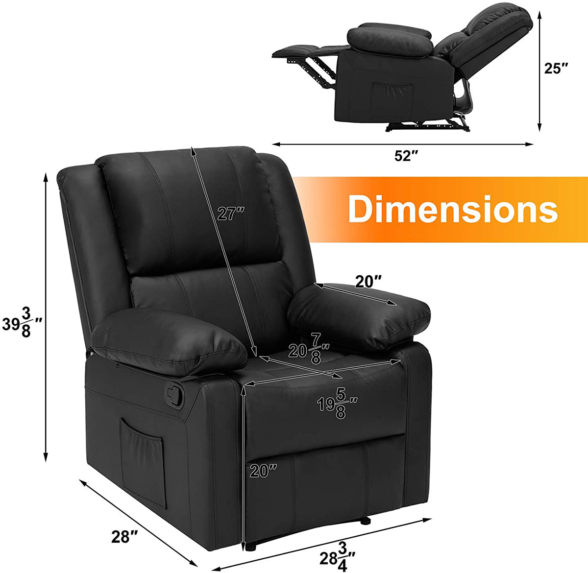 Recliner Chair with Massage Heated Function, Modern PU Leather Lounge Chair with Side Pocket, Single Sofa Seat Living Room Chair, Black