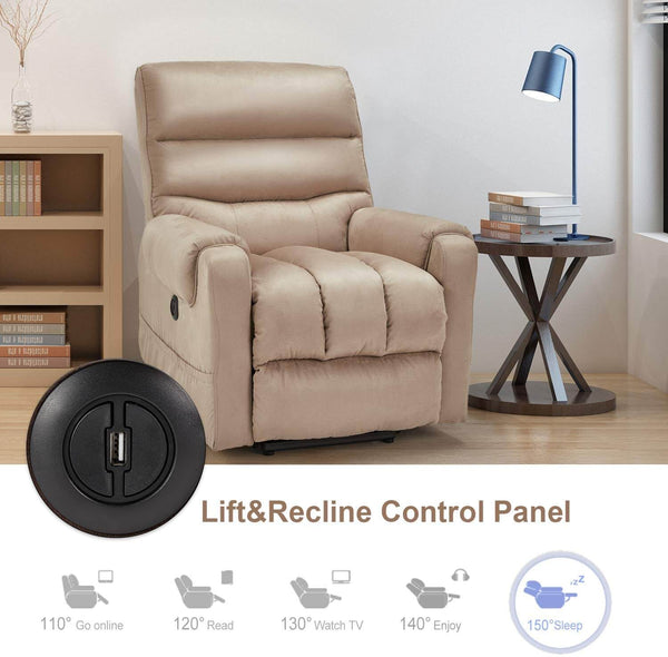 Homrest Electric Power Lift Recliner Chair Recliner Sofa for Elderly, Microfiber Recliner Chair with Heated Vibration Massage, 2 Side Pockets and USB Ports, Beige