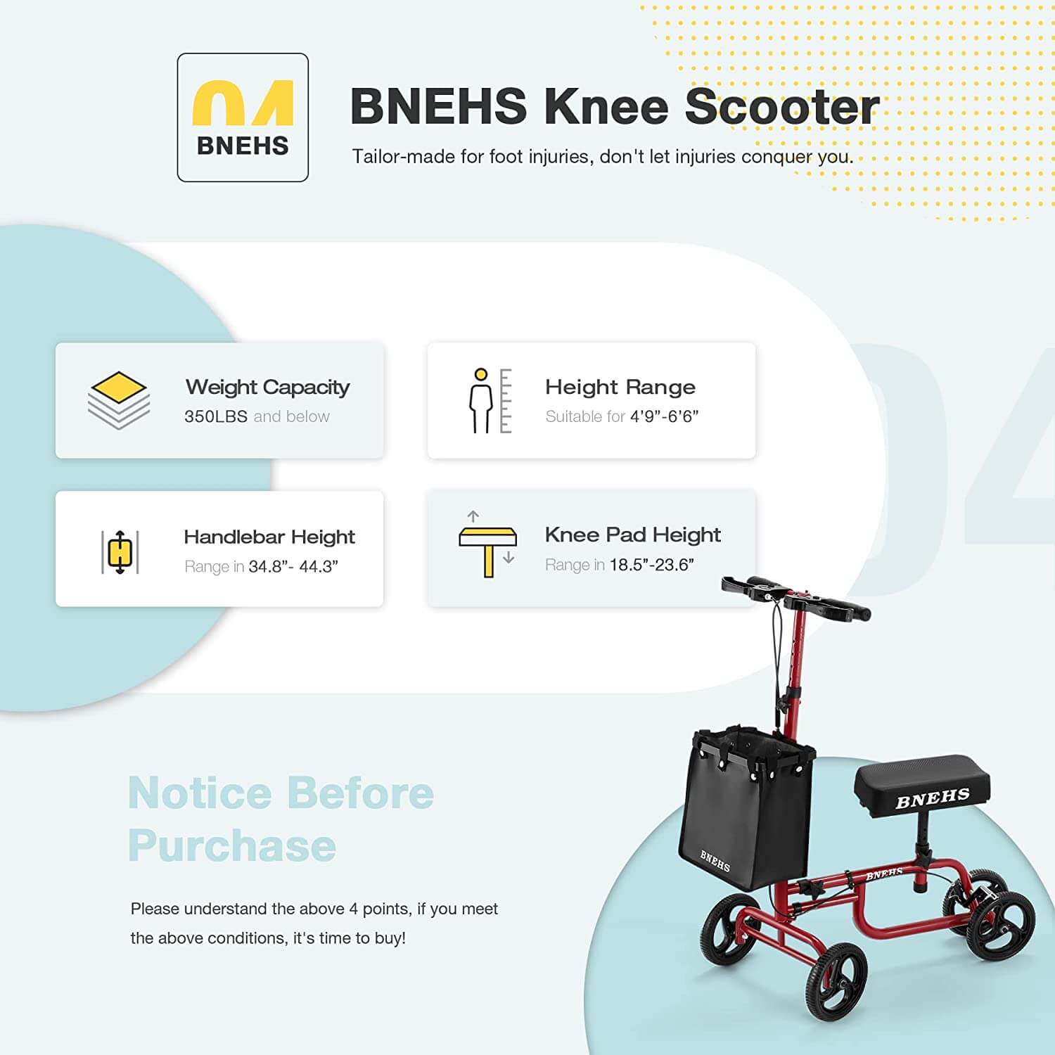 Homrest knee scooter with grooved brake pads folding knee walker for foot injured adults, red frame