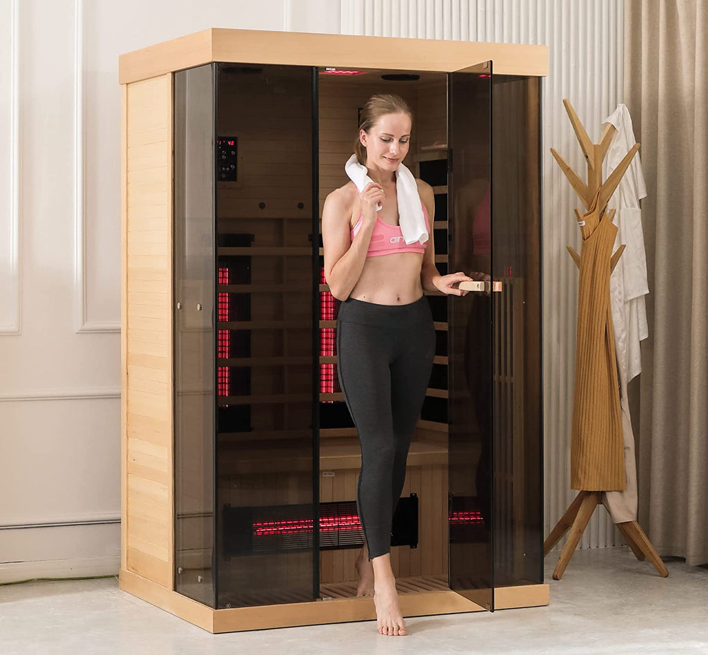 Homrest 1-2 Person Infrared Sauna 15 Minutes Pre-Warm up Far for Home with 7 Colors Chromo Therapy Lighting and Full View Tempered Glass(Canda Hemlock Wooden)