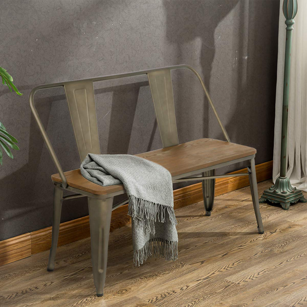 Metal Bench Industrial Mid-Century 2 Person Chair with Wood Seat,Dining Bench with Floor Protector