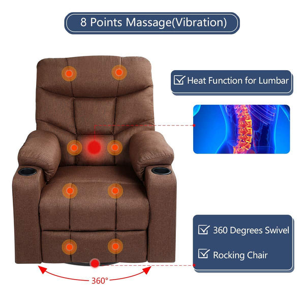 Homrest Coffee Fabric Massage Recliner Chair 360 Degrees Swivel Heated Ergonomic Lounge Chair