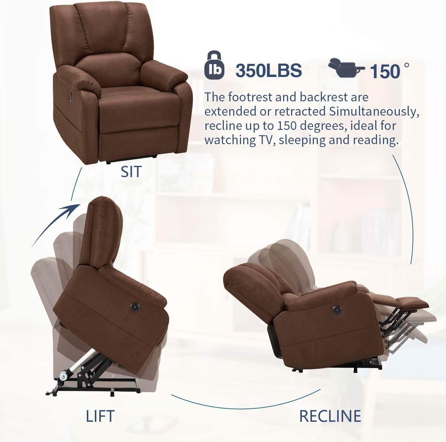 Homrest Electric Power Lift Recliner Chair Sofa with Massage and Heat for Elderly, Microfiber Recliner Chair with Side Pockets & USB Port, Brown