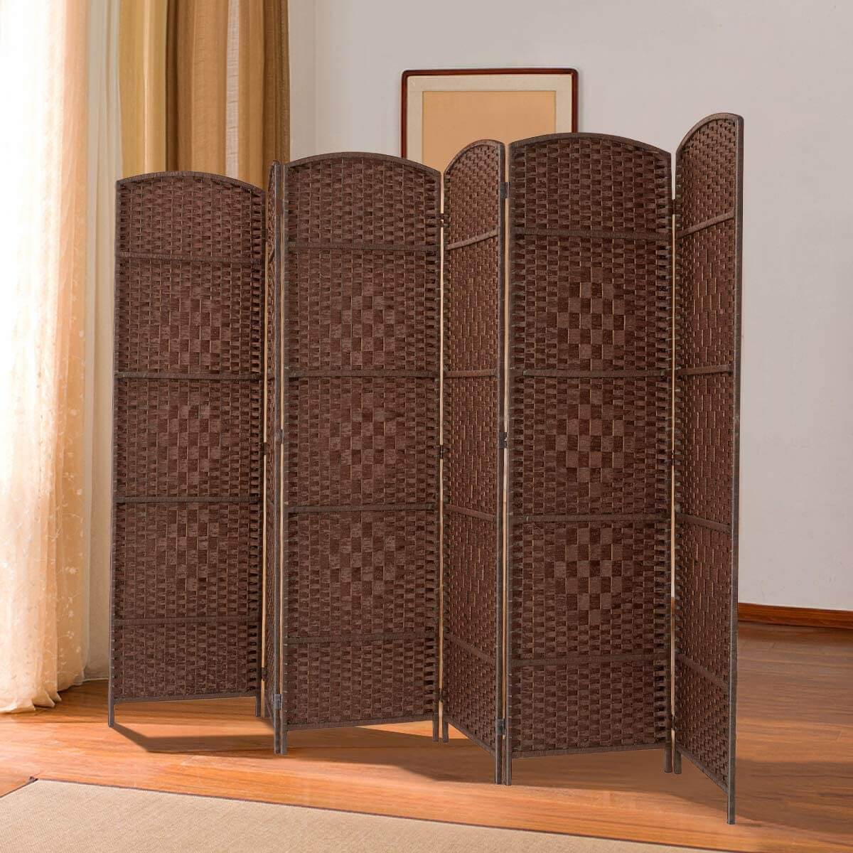 Homrest Room Divider,6 FT Tall Weave Fiber Room Divider,Double Hinged, 6 Panel Room Divider & Folding Privacy Screens, Freestanding Brown Room Dividers