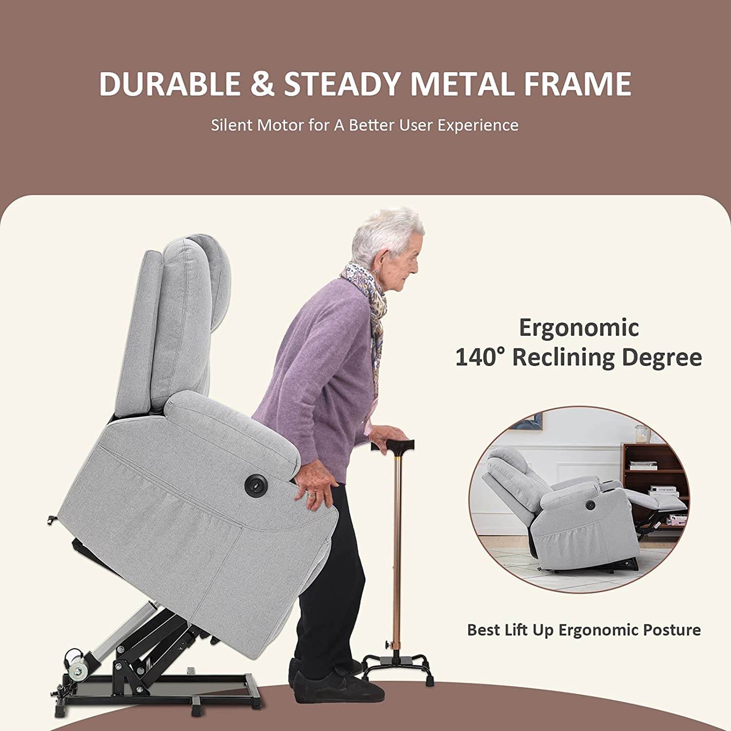 Homrest Electric Power Recliner Lift Chair Fabric Electric Recliner for Elderly, Heated Vibration Massage Sofa with Side Pockets, USB Charge Port & Remote Control(Gray)